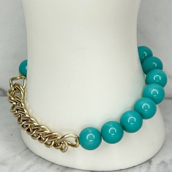Faux Turquoise Bubble Beaded Gold Tone Chain Stretch Bracelet - Picture 1 of 6